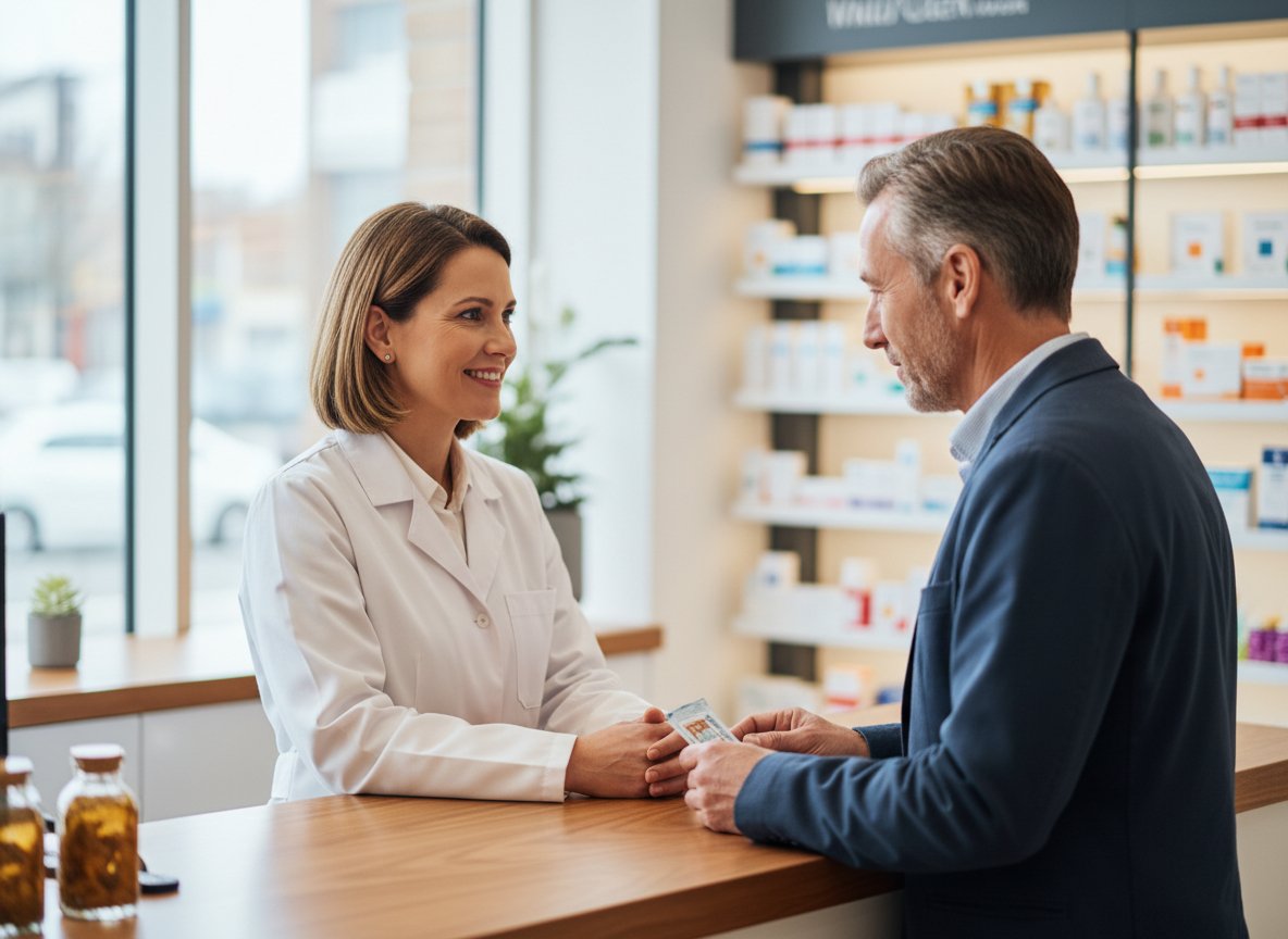A pharmacist giving discreet, caring consultation