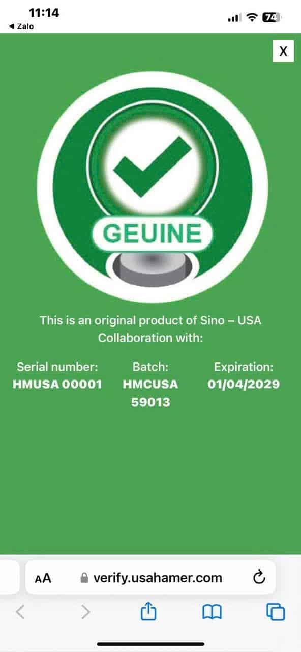 QR scan result showing GENUINE Hamer on verify.usahamer.com