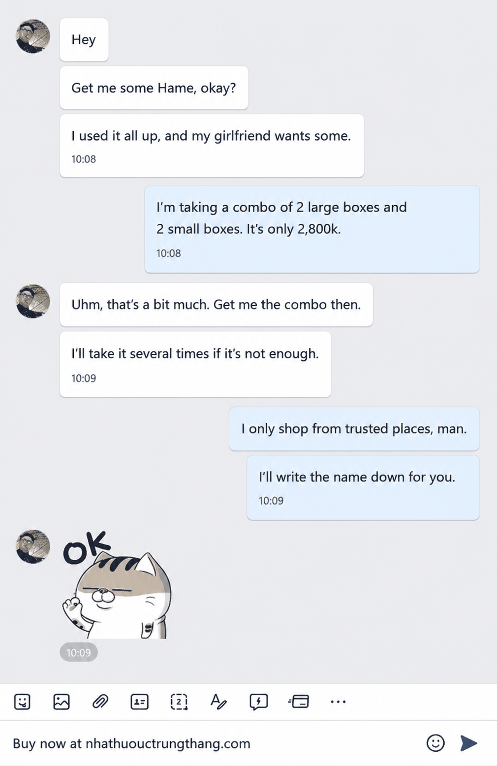 Zalo message from a repeat customer