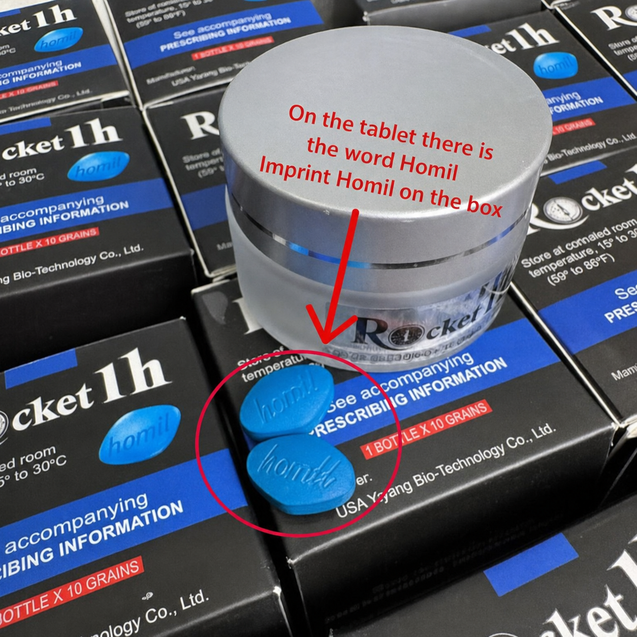 Blue Rocket 1h pill printed with homll matching the pill image on the box