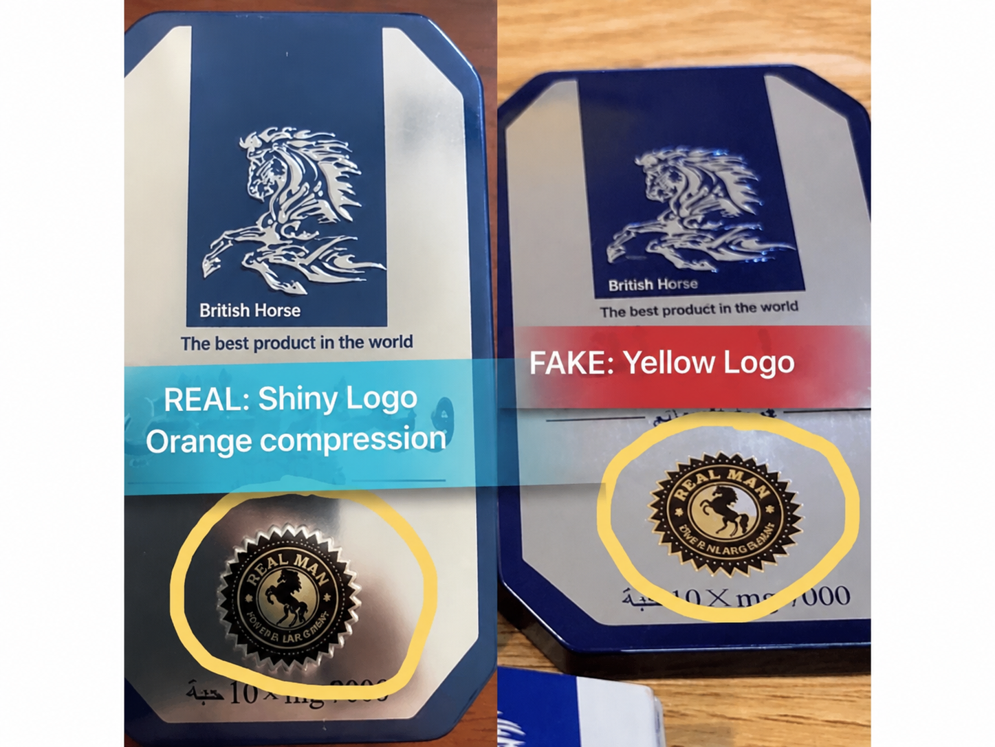 Comparison of real and fake Thai Horse stamp logos