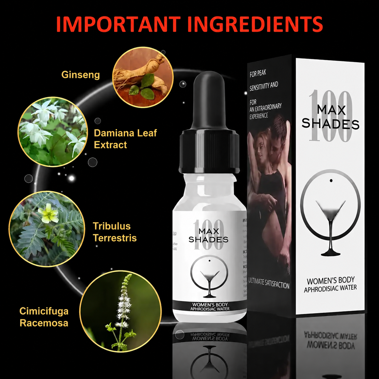 Maxshades herbal ingredients: Ginseng, Horny Goat Weed, Tribulus, Cimicifuga